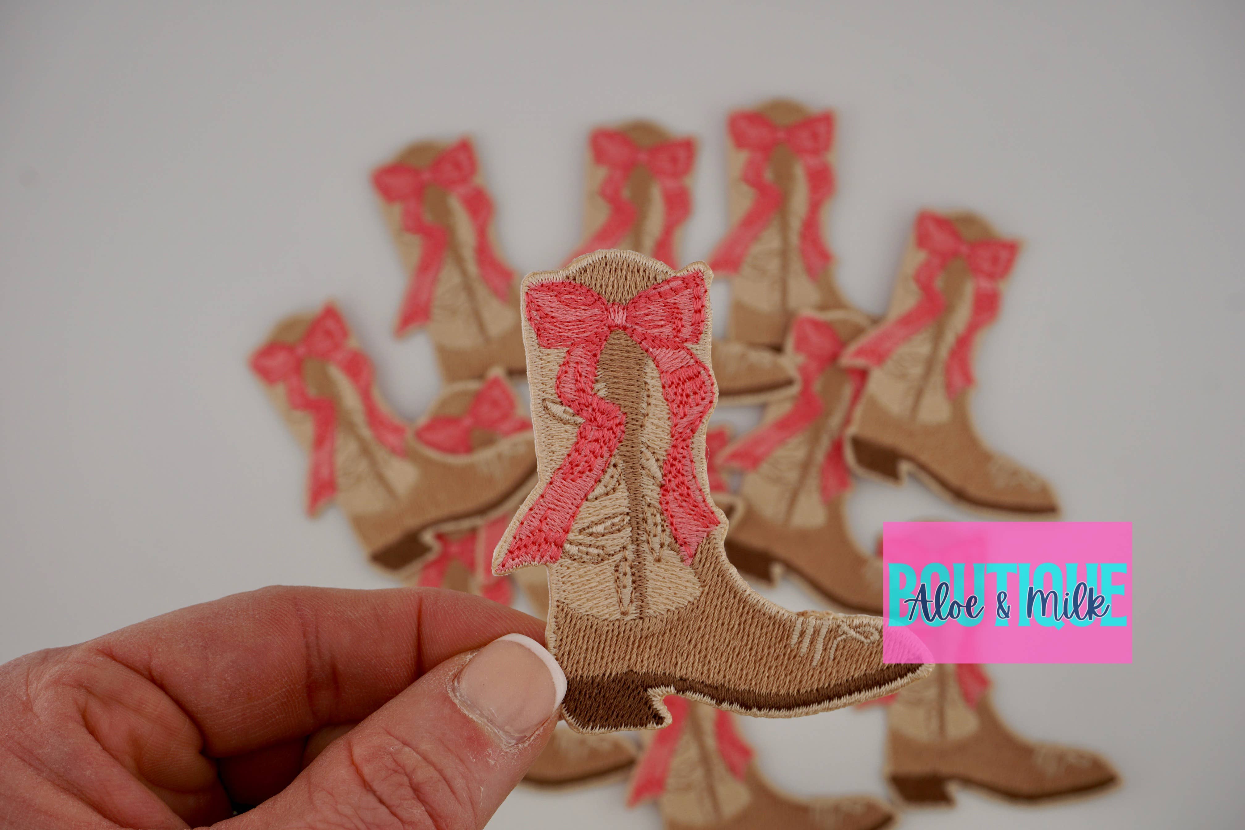 Aloe and Milk Boutique – wholesale Hat accessory – Women's – Boot with bow, western patch, cowgirl, cowboy, texas patch14