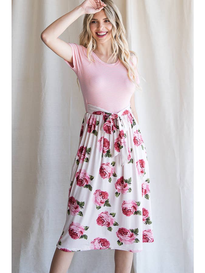 7th Ray - Wholesale Dress - Women's - Floral Waist Tie Short Sleeve A-Line Midi Dress D41993