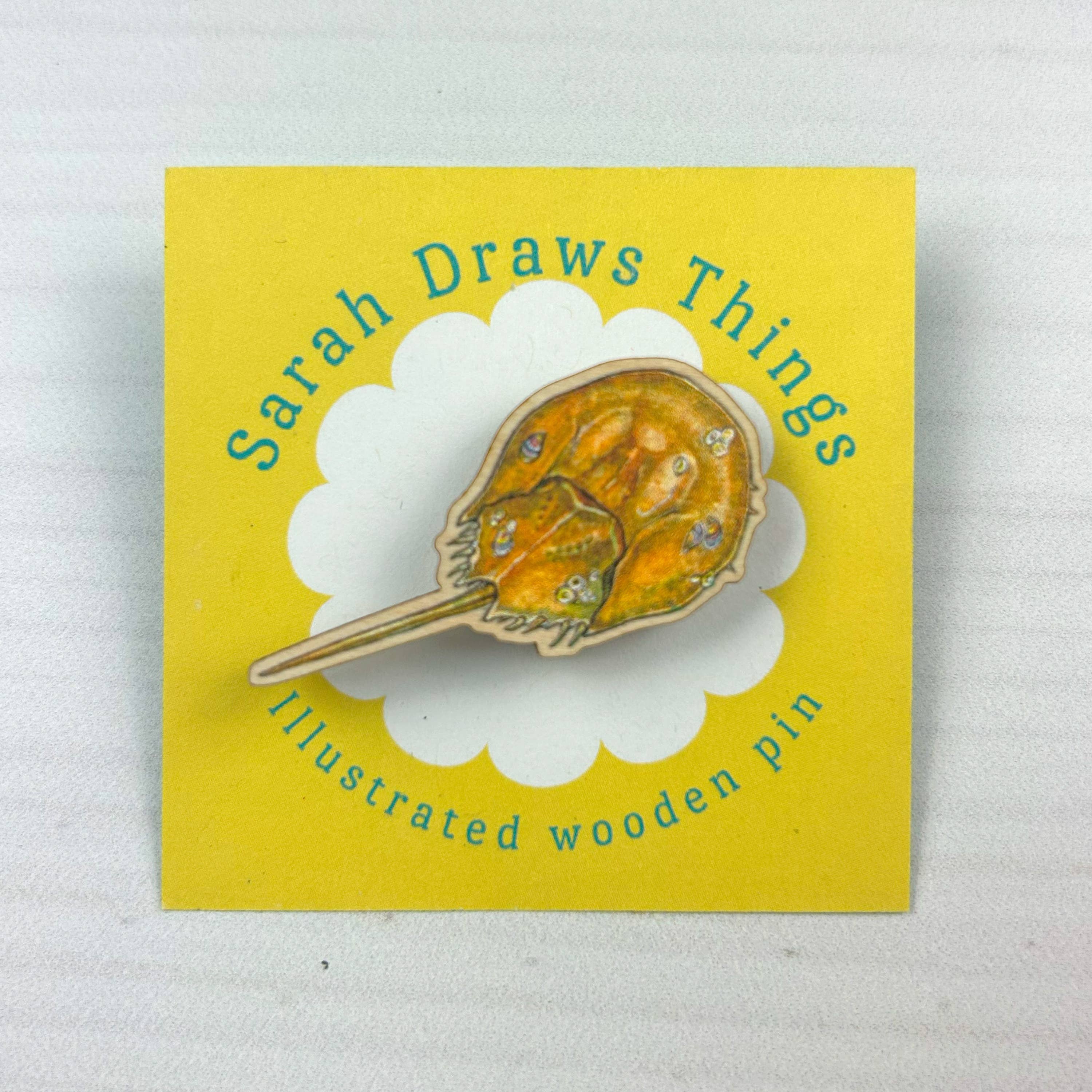 Sarah Draws Things - Wholesale Lapel Pin/Button - Horseshoe Crab - 1.5" illustrated wooden pin0