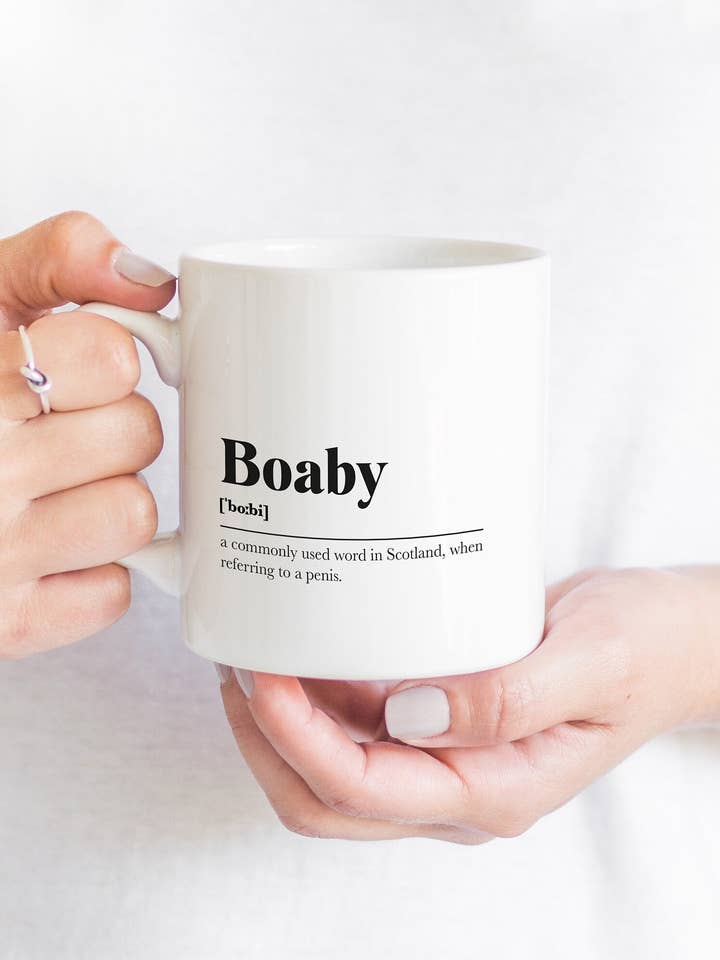 Boaby Greeting Scots Saying Mug Housewarming Gift Living Minimalist Monochrome Typography Funny Scandi Scotland Slang Definition Scottish for wholesale by Kalloway Design