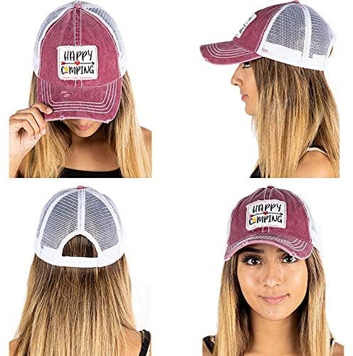 Funky Junque - Venta al por mayor Gorra trucker - Mujer - Gorra de béisbol de malla con parche (Happy Camping -Burgundy)1