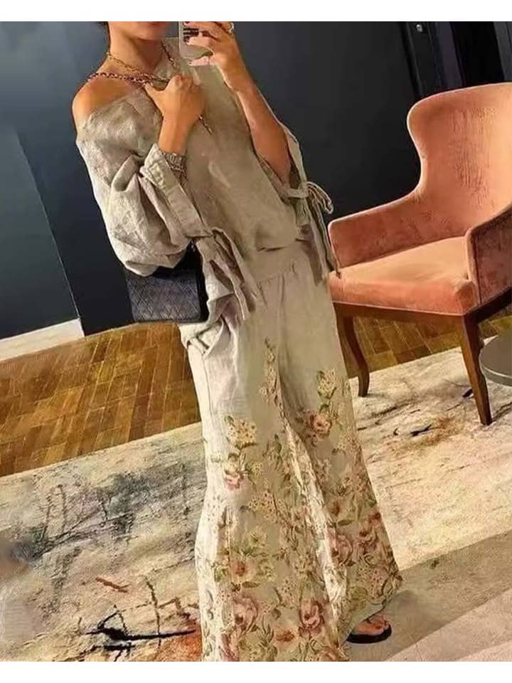 Chicto - Wholesale Top & Pant Set (NOT Loungewear) - Women's - Casual Nature Linen Floral Printing Two Pieces Set