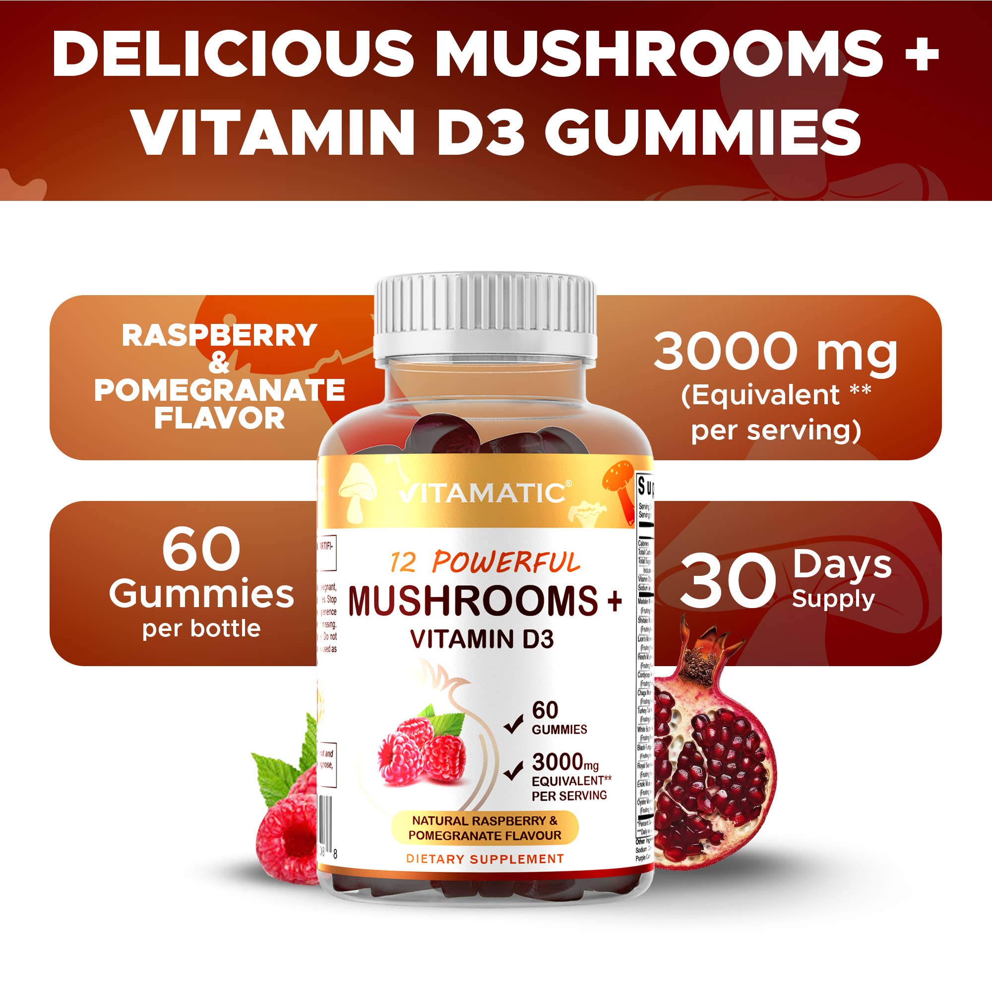 Vitamatic - Wholesale Oral Supplement/Vitamin - Vitamatic | Mushroom Complex with D3 | 60 Gummies3