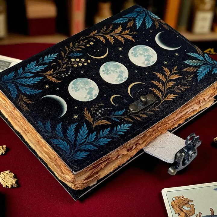 Black Moon Phase Grimoire leather journal Notebook Book of shadow for wholesale on Faire2