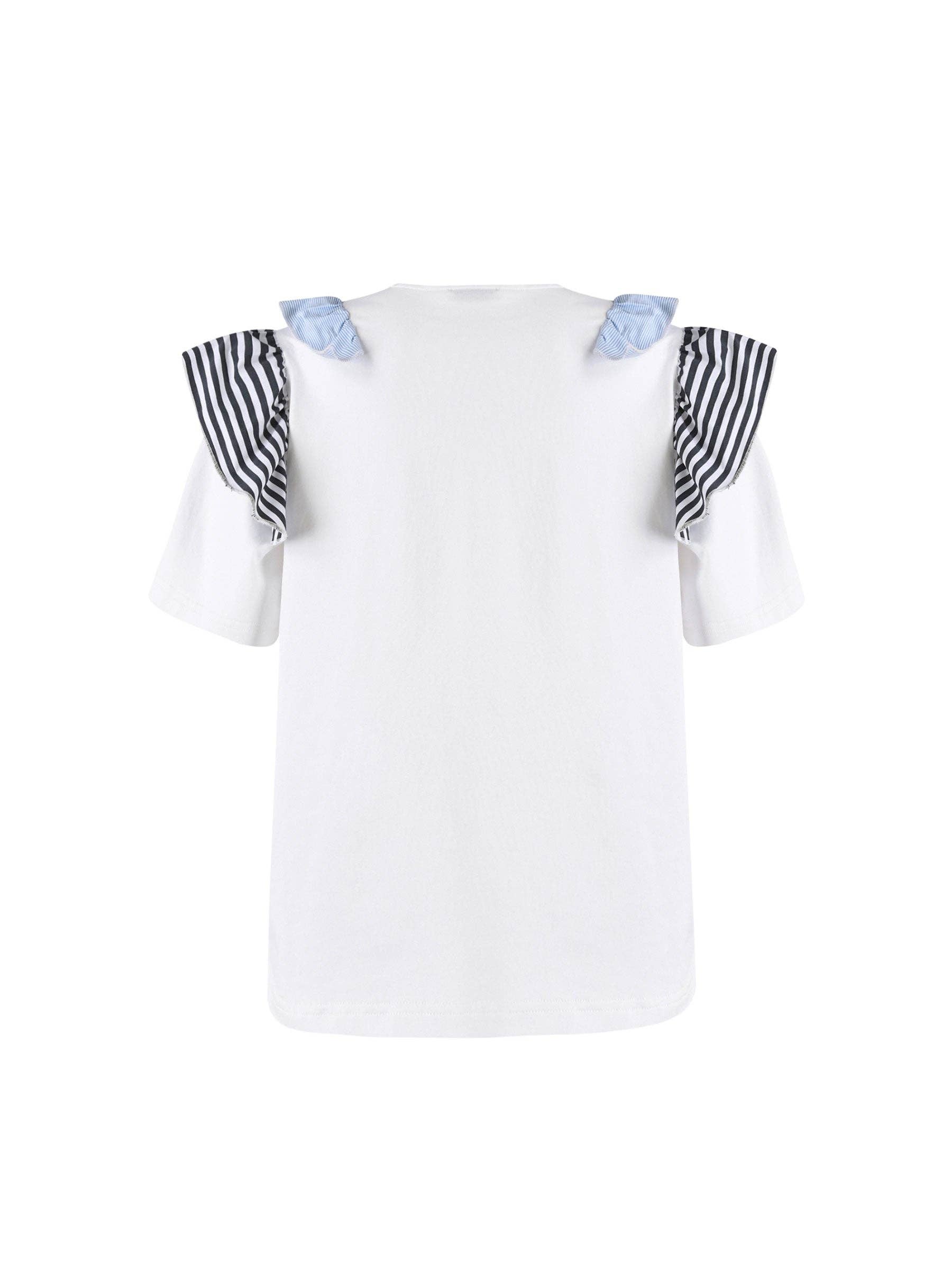 White Blue Ruffled Colour Block  Short Sleeve Top for wholesale on Faire1