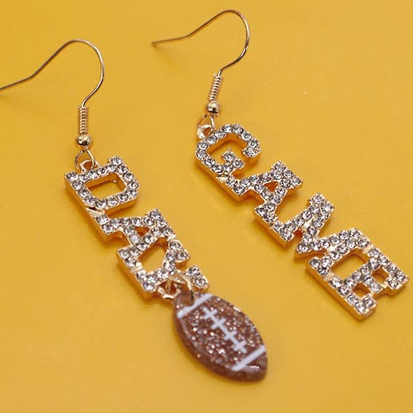 Gold GAME DAY FOOT BALL RHINESTONE DROP EARRINGS | 80E2544 for wholesale on Faire