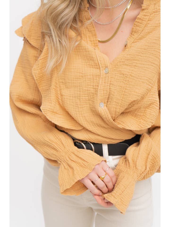 Wild Daisy - Wholesale Button Down Shirt - Women's - WILD BONNIE oversized muslin shirt in caramel3