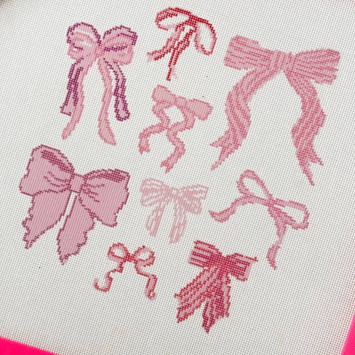 Cotswold Co Designs – wholesale Embroidery/cross-stitch supplies – Hand Painted Coquette Bow 8” Pillow Design Needlepoint Canvas 18 Mesh Coquette Needlepoint Canvas Bow Hand Painted4