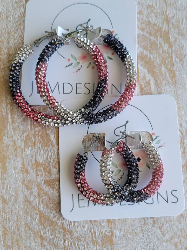 Pink and Black Rhinestone Hoop Earrings for wholesale by JEMdesigns