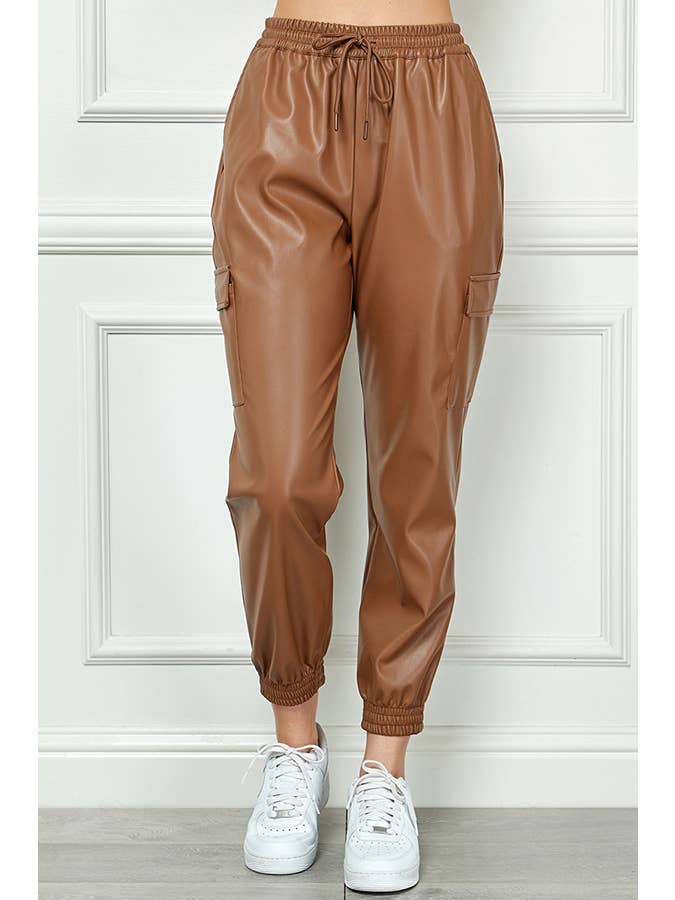 Veracci - Wholesale Pants - Women's - High Waisted Faux Leather Cargo Jogger Pants1