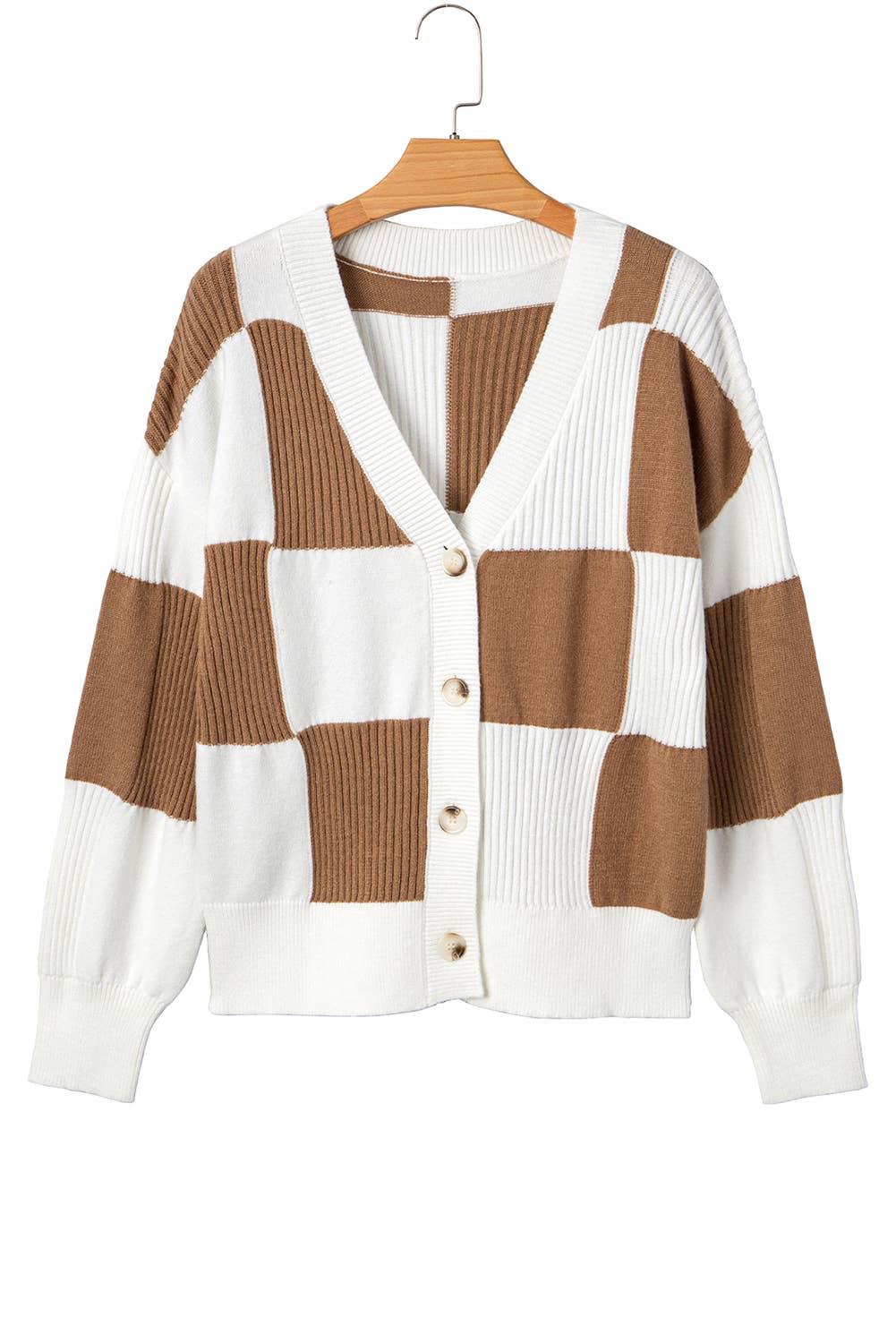 Khaki Checker Colorblock Button V Neck Sweater Cardigan | S-XL  for wholesale on Faire7