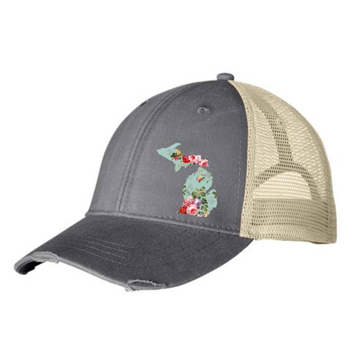 Chapeau//Michigan ~ Chapeau vintage à fleurs Michigan Trucker Gray pour la vente par Simply Stated