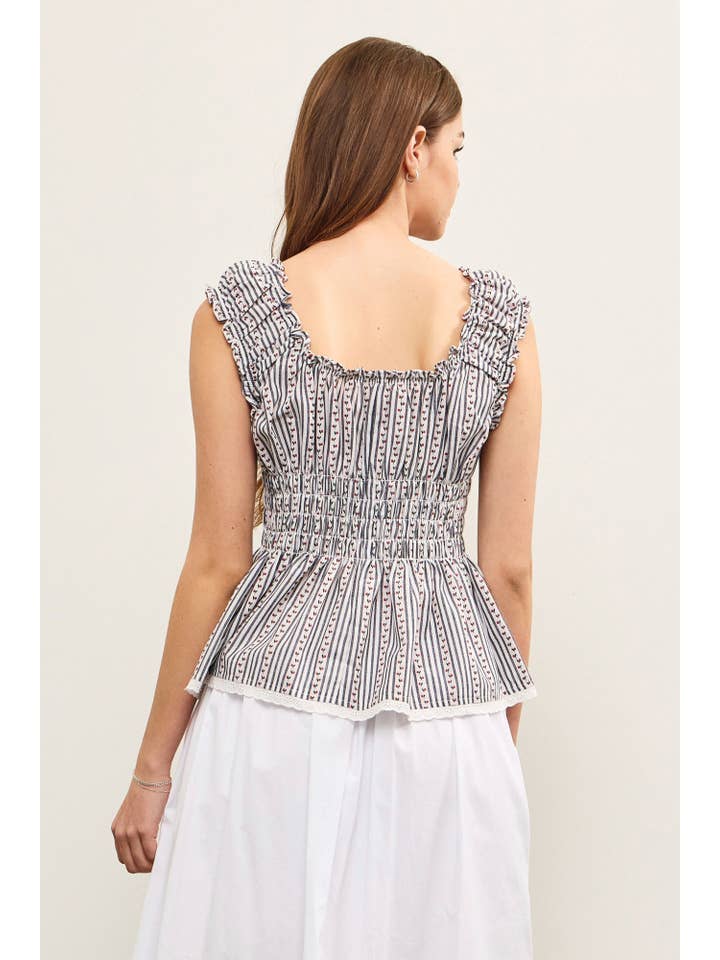 NIGHT BLUE ELASTIC RUFFLE SMOCKED WAIST SLEEVELESS PEPLUM TOP for wholesale on Faire