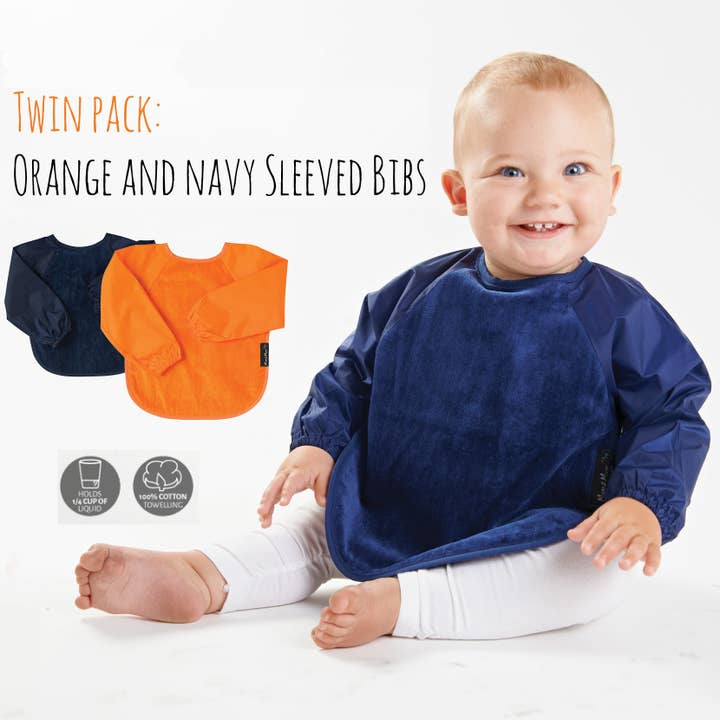 Mum 2 Mum Long Sleeved Wonder Bibs Twin-pack in Orange/ Navy for wholesale by Baby&More Ltd