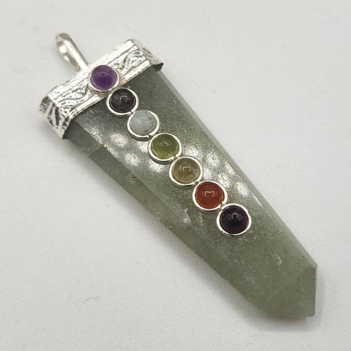 Green Aventurine Flat Gemstone Pendant w/Chakra Silver Color for wholesale by Meraki Gemstones