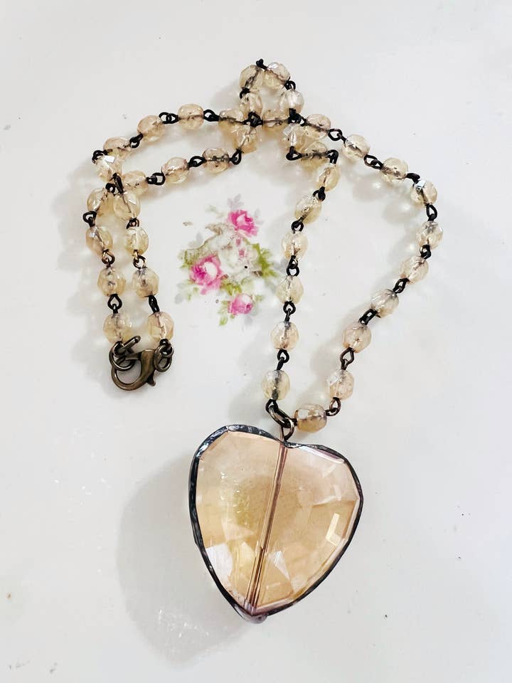 Topaz Soldered Crystal Heart Crystal Beaded Chain Necklace for wholesale by Vintage Bliss