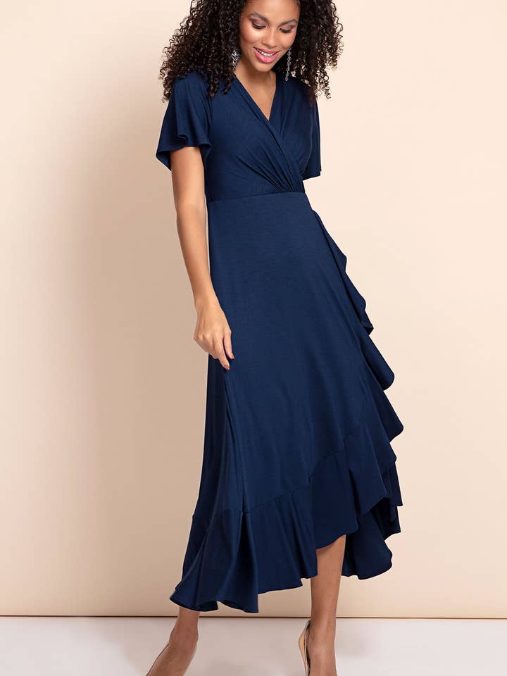 Vattenfall Midi Faux Wrap Klänning I Marinblå för wholesale av Alie Street