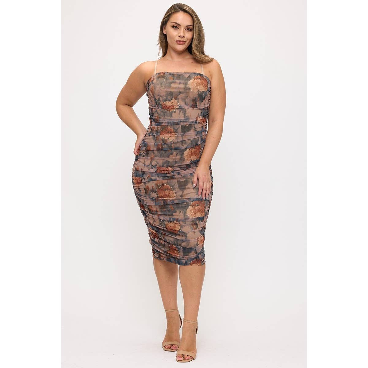 Brown PLUS SIZE FLORAL PRINT MESH RUCHED MIDI DRESS for wholesale on Faire0