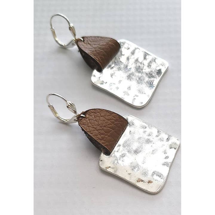 Leather strap Hammered square earrings, for wholesale by The Rustic Boho Chic