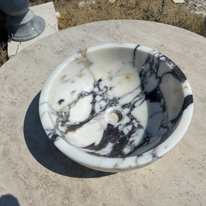 Arbon Marble - Wholesale Bathroom Accessory Set - Calacatta Viola Sink Bowl, 16 inch Round White Marble Sink Bathroom Vanity Top for Rustic Farmhouse