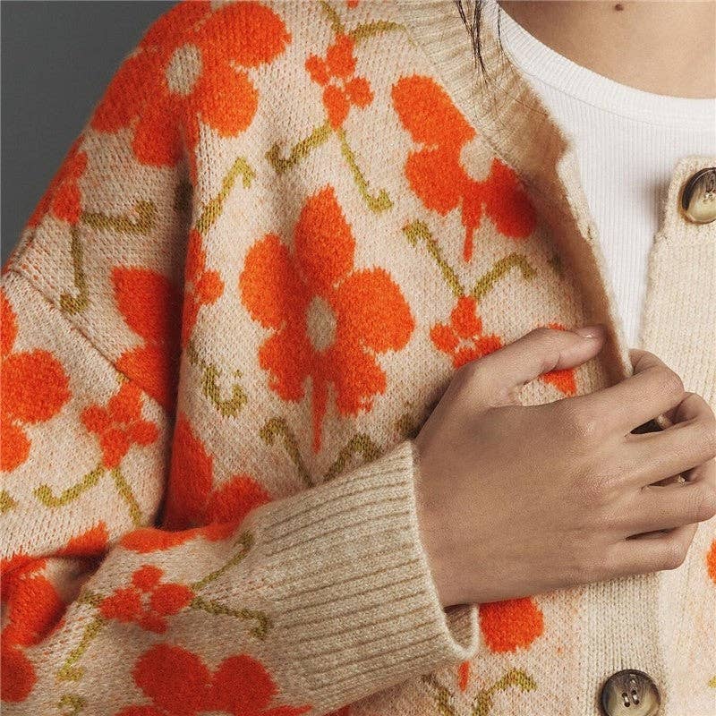 Apricot Floral Jacquard Round Neck Cardigan for wholesale on Faire3