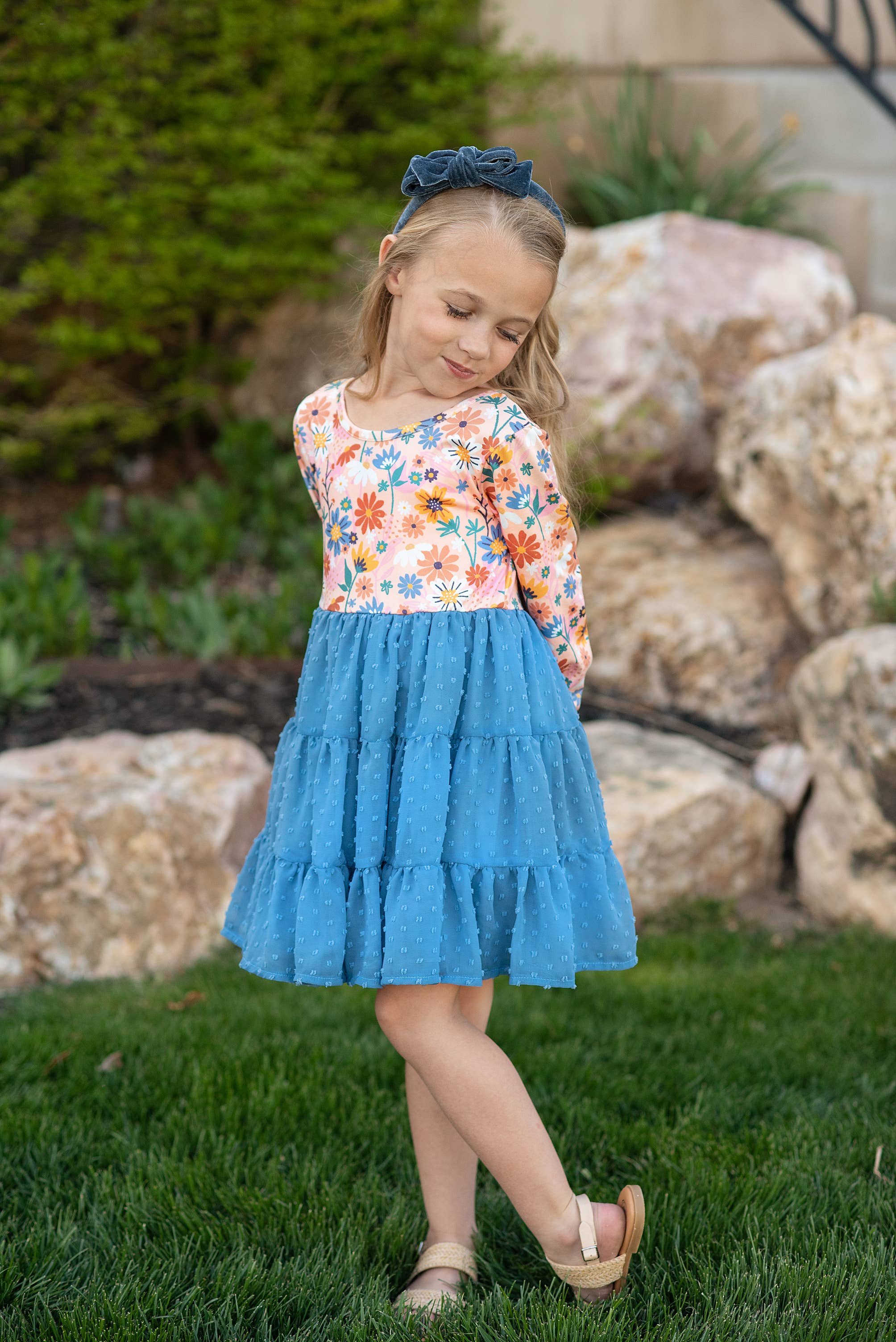 Adorable Sweetness - Wholesale Dress - Kids - Kids Dusty Blue Flower Print Swiss Dot Tulle Fall Dress 3