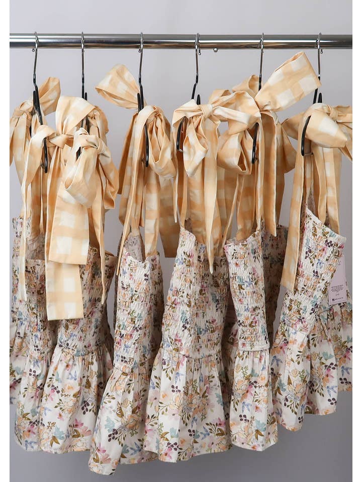 hey friends - Wholesale Blouse - Women's - Floral & Gingham Peplum Top Bow Straps - Made in the USA2