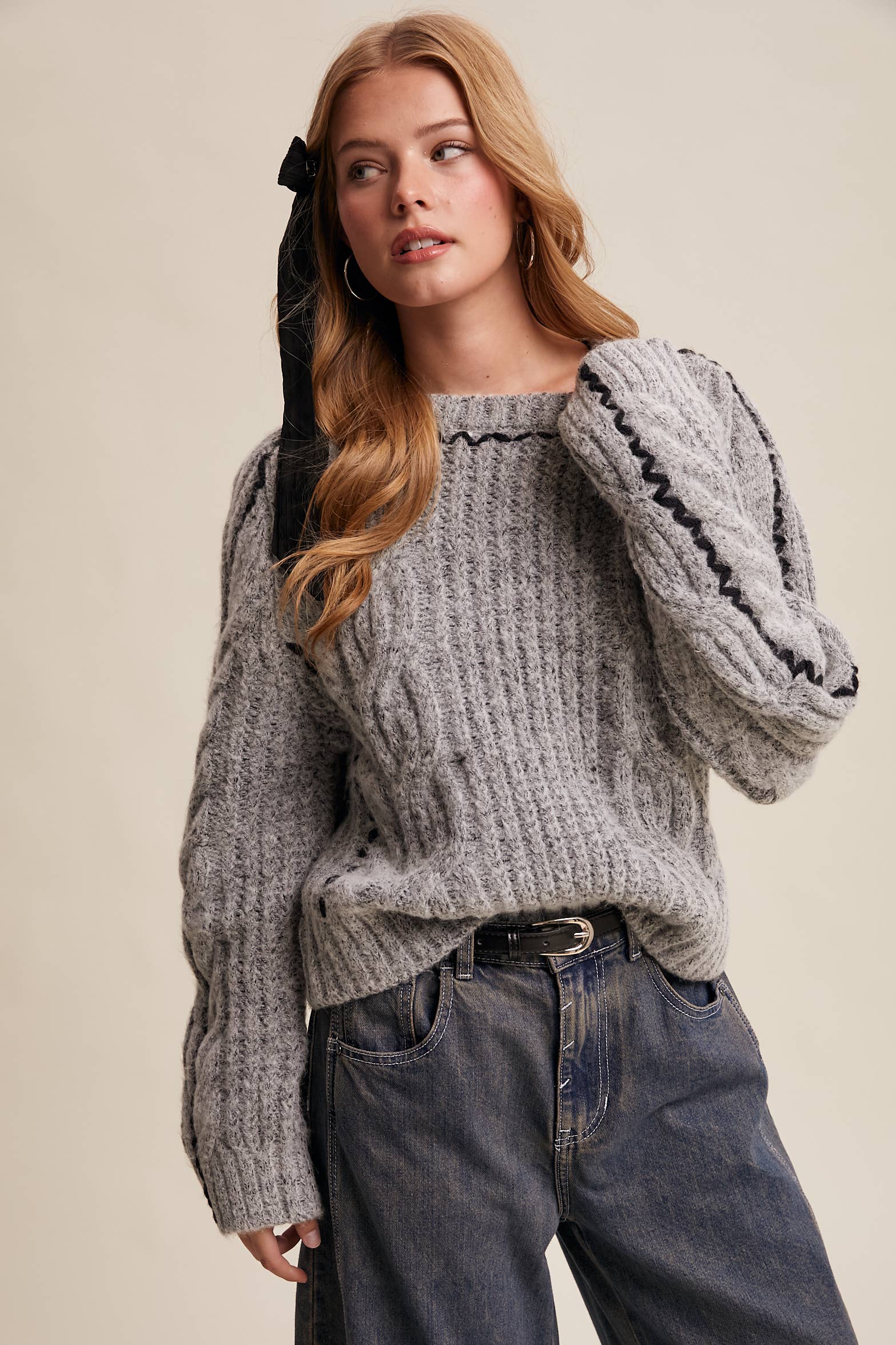 Listicle - Wholesale Knit Sweater - Women's - Contrast Stitch Cable Knit Sweater LSW1013 3