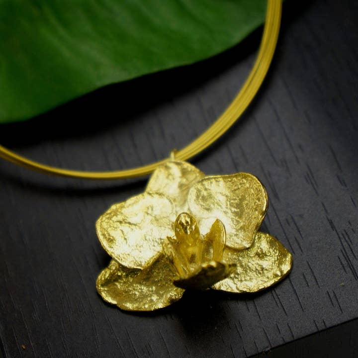 Orchid Necklace: Delicate Real Flower Gold Plated Silver for wholesale by Mother Nature Jewelry