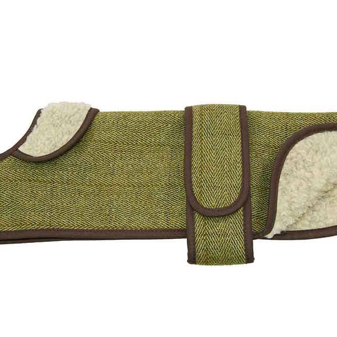 Cappottino verde per bassotto in lana tweed per la vendita all'ingrosso da parte di Earthbound Italia