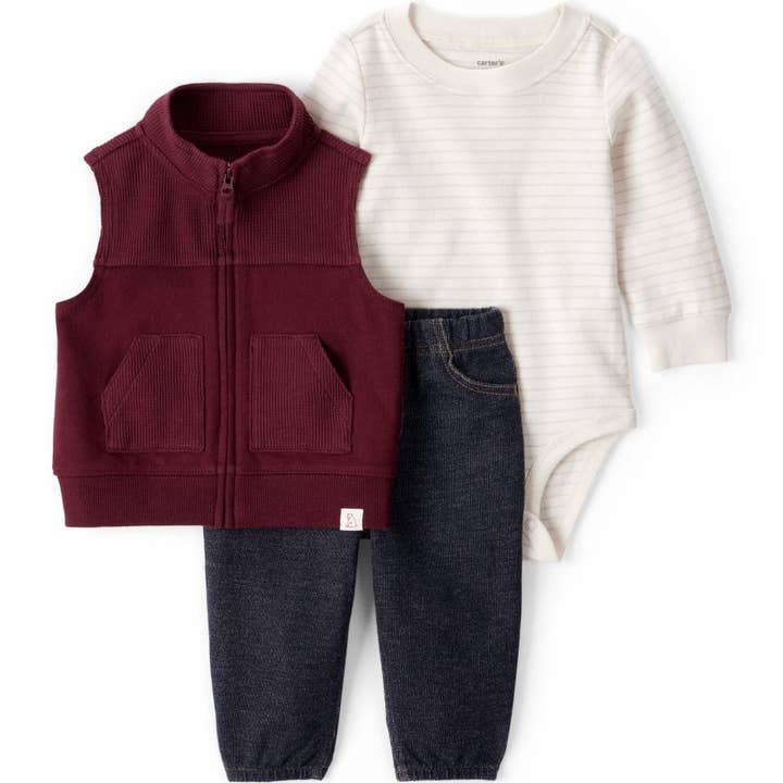 3-piece set: bodysuit, red vest, and denim pants for wholesale by Nenina & Co