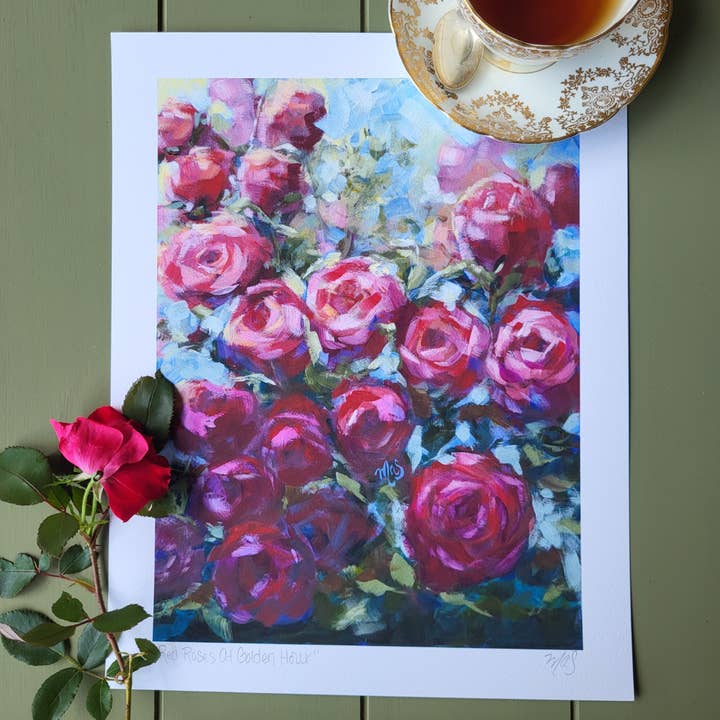 Garden Decor Flower Shop RosePrint"Red Roses At Golden Hour" for wholesale by Glass Muriel