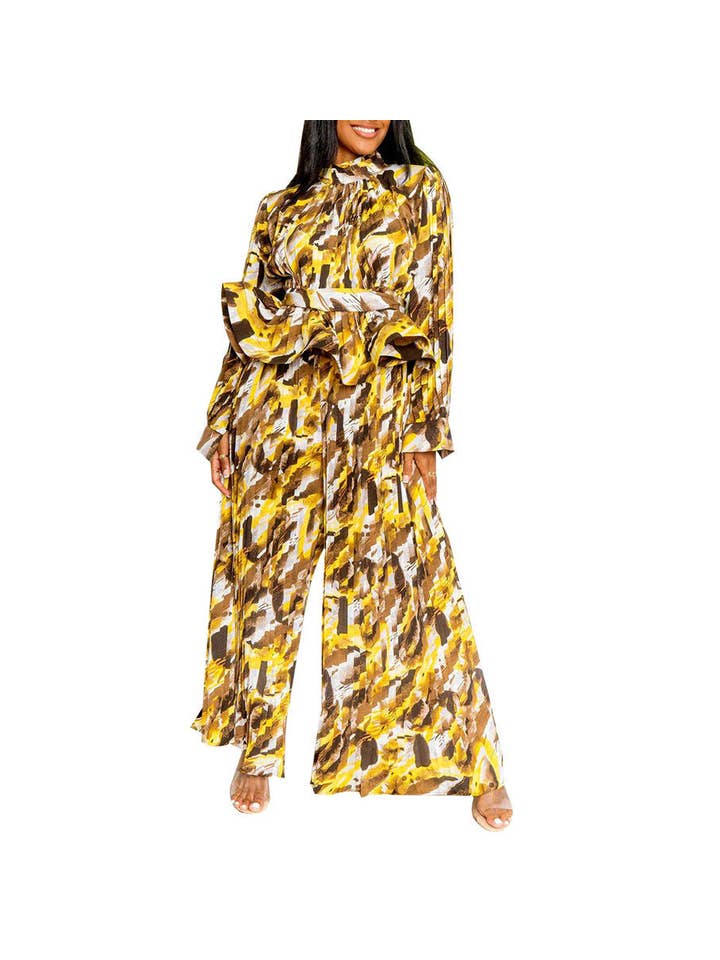 pinkblu02 - Wholesale Top & Pant Set (NOT Loungewear) - Women's - Lantern Long Sleeve Wide Leg Pants Casual Printed Two-Piece Set