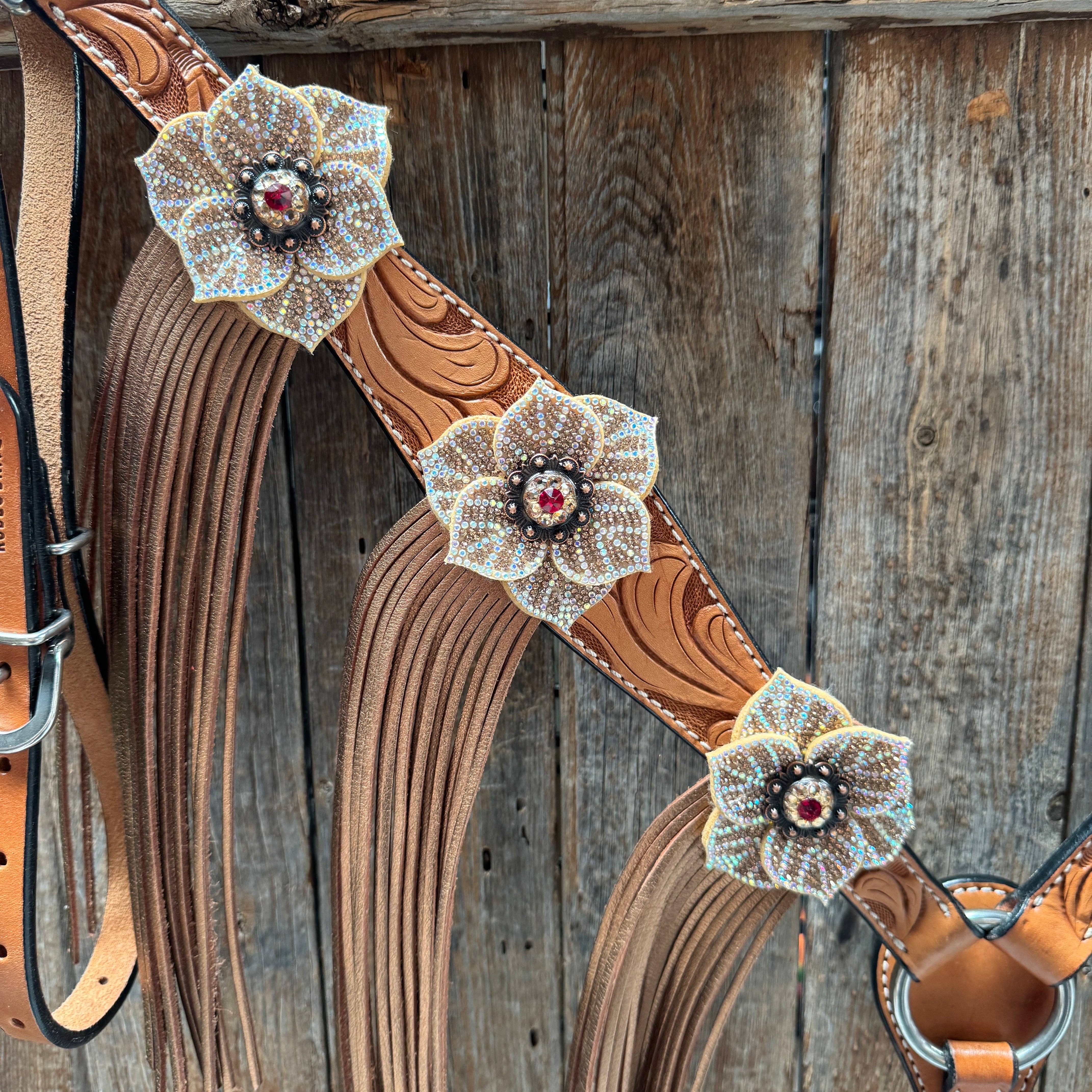 Rodeo Drive - Wholesale Horseback Riding Gear - Light Oil Floral Tooled Ruby and Champagne Browband & Breastcollar Tack Set #BBBC4616