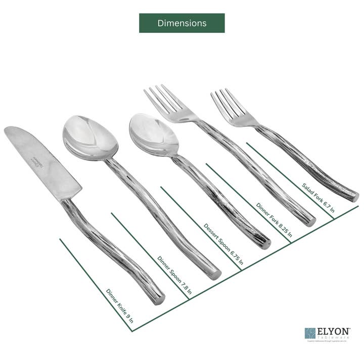 Elyon Tableware® - Wholesale Flatware Set - Elyon Twig Silver 20-Piece Mirror Hand-Forged Flatware Set