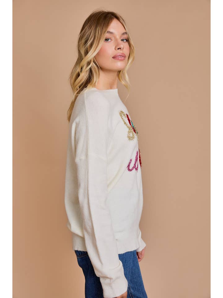 CREAM ROUND NECK LONG SLEVEE "SLEIGH ALL DAY" NOVELTY SWEATER for wholesale on Faire