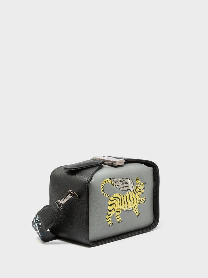 Benji Micro Crossbody Black and Gray Leather Bag - Winged Tiger Embroidery for wholesale by Min & Mon