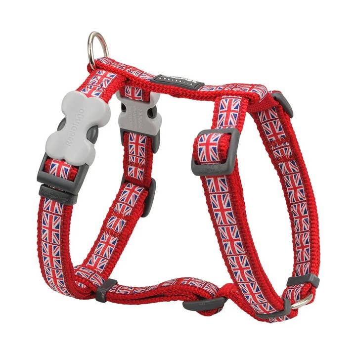 Red Dingo Dog H-Harness Design Union Jack Flag on Red for wholesale by Sherwood Paws