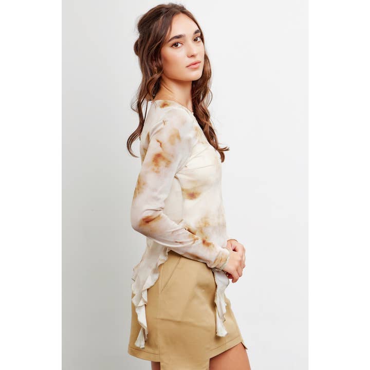 idem ditto - Wholesale Blouse - Women's - HIGH NECK TIE DYE MESH TOP WITH UNEVEN RUFFLED HEM
