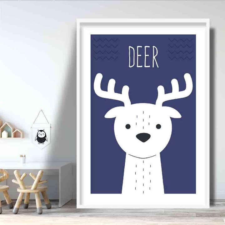 Artze Wall Art – wholesale Poster – Deer Scandinavian Geometric Navy Blue Nursery Poster