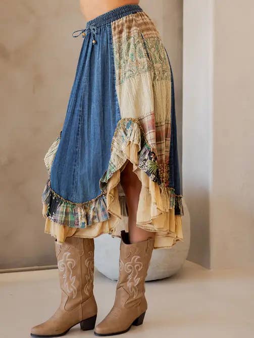 DENIM Western Boho Chic: Patchwork Midi Skirt Boho Babe (XS-S-M) for wholesale on Faire