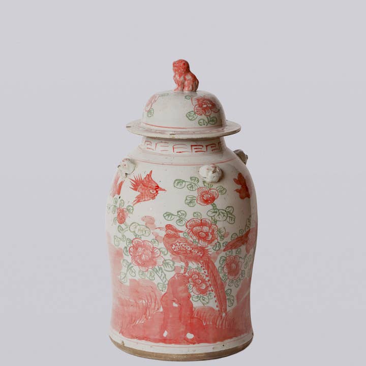 Cobalt Guild - Wholesale Decorative Jar - Pink and Green Porcelain Bird and Flower Temple Jar
