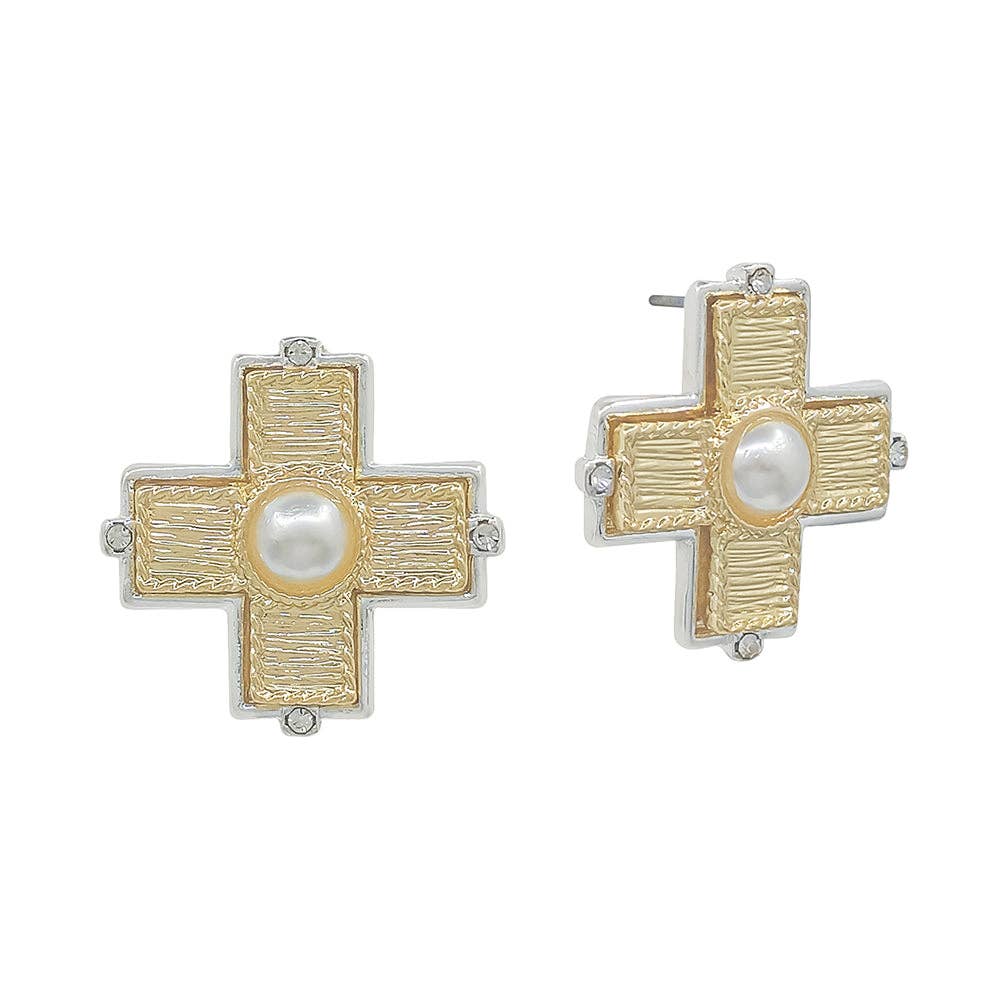 What's Hot - Wholesale Stud/Post Earrings - Gold and Silver Textured Cross with Pearl Stud Earring