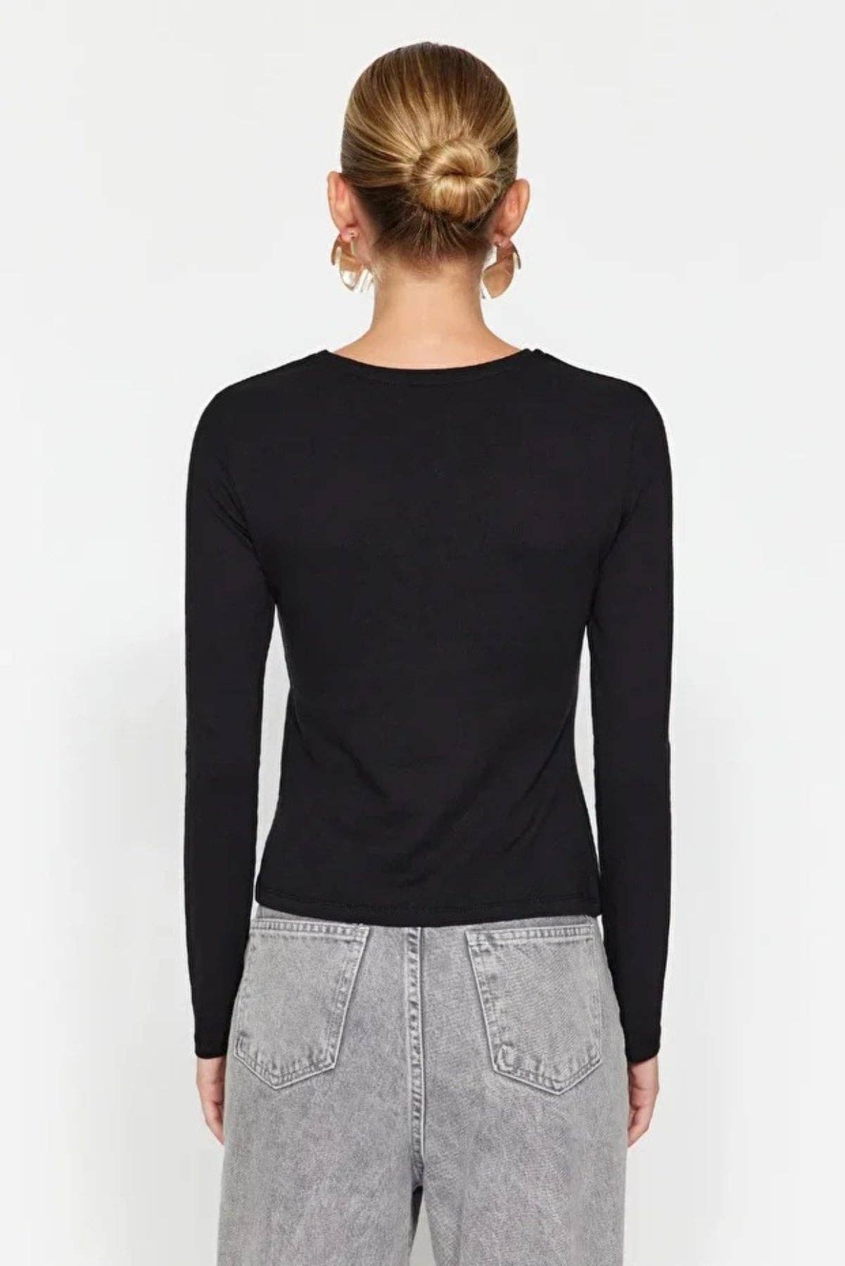 Black Single-Slit Detail Cotton Ruched Crew Neck Knit Blouse for wholesale on Faire2