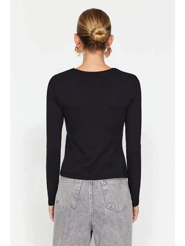 Black Single-Slit Detail Cotton Ruched Crew Neck Knit Blouse for wholesale on Faire2