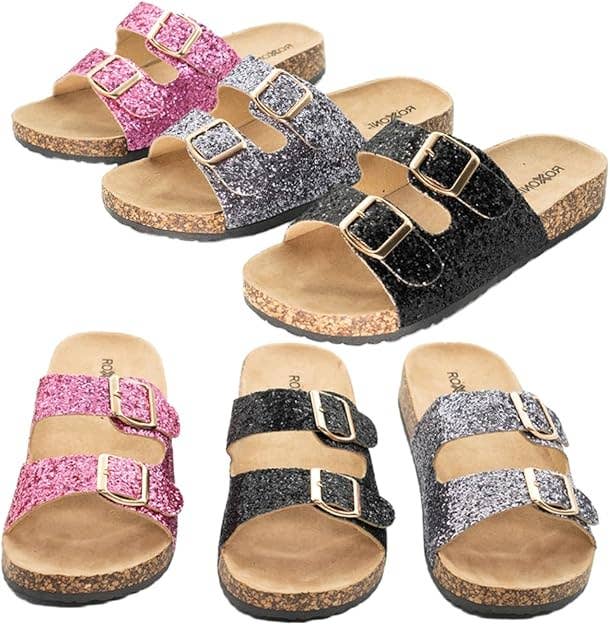 Roxoni - Vente Claquettes – femme - Sandales plates confortables à paillettes pour femmes Roxoni9