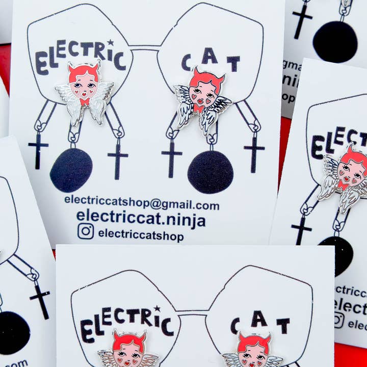Electric Cat - Wholesale Stud/Post Earrings - Kitschy Angel Devil Hard Enamel Earrings
