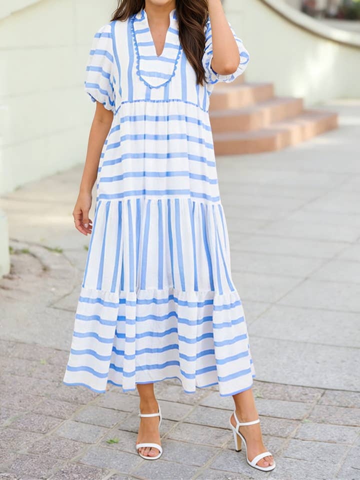 Stripe Ricrac Trim Notched Neck Half Sleeve Dress | S-4X for wholesale by 1 the Woman