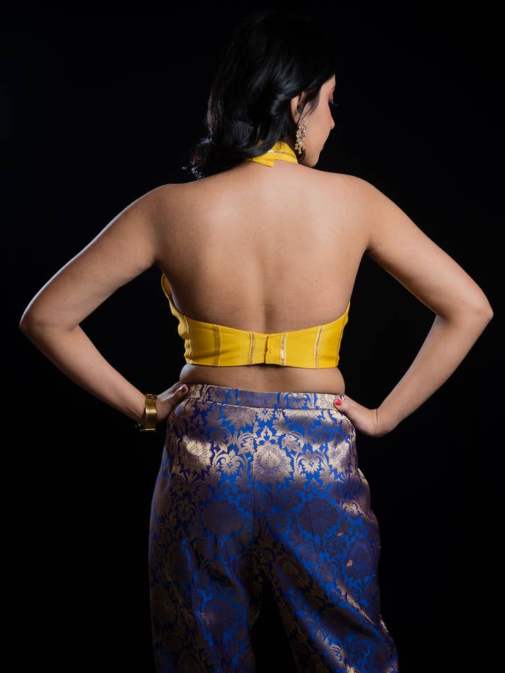 Yellow Georgette Crop Top with Blue Brocade Pants for wholesale by Mehr by Pretty