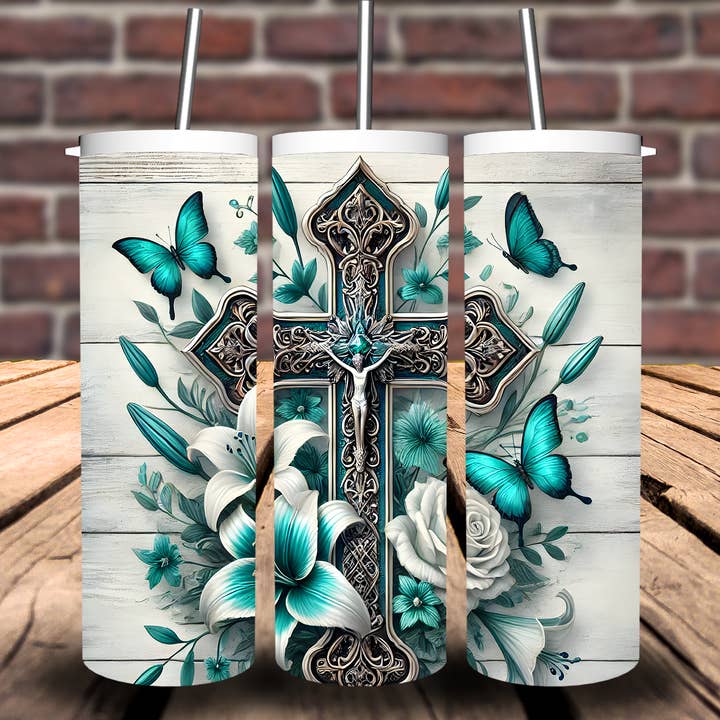 Borboleta Cruz Verde-azulada Cristã Sublimação Copo 20oz 30oz por atacado de Sweet Tees